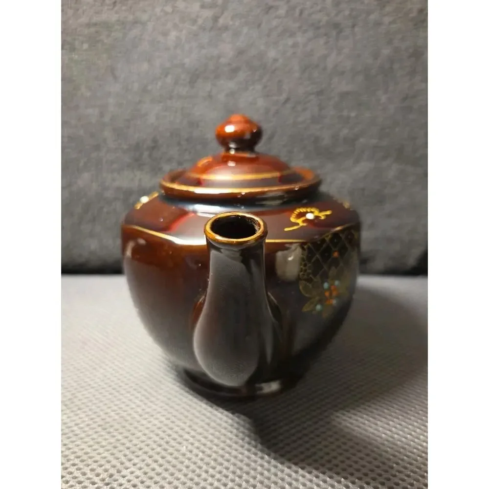 Vintage Brown Betty Redware Teapot Moriage Enamel Hand Painted Japan GUC MCM
